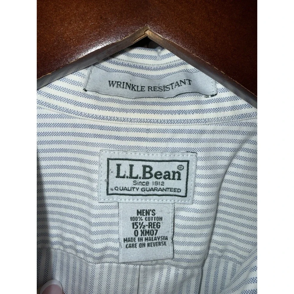 LL Bean 15.5‎ Reg Wrinkle Resistant Blue White Striped Button Down S/S Shirt